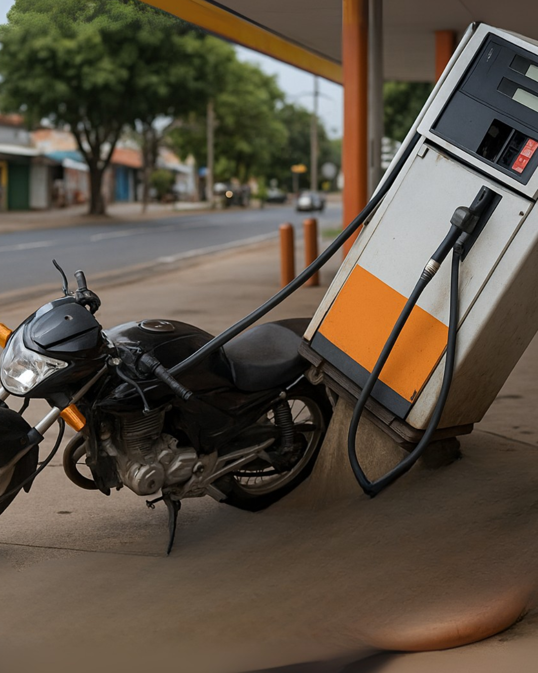 Moto trava em alta rotação e condutor colide em posto de gasolina em Goianésia