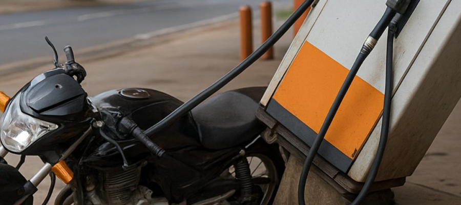 Moto trava em alta rotação e condutor colide em posto de gasolina em Goianésia